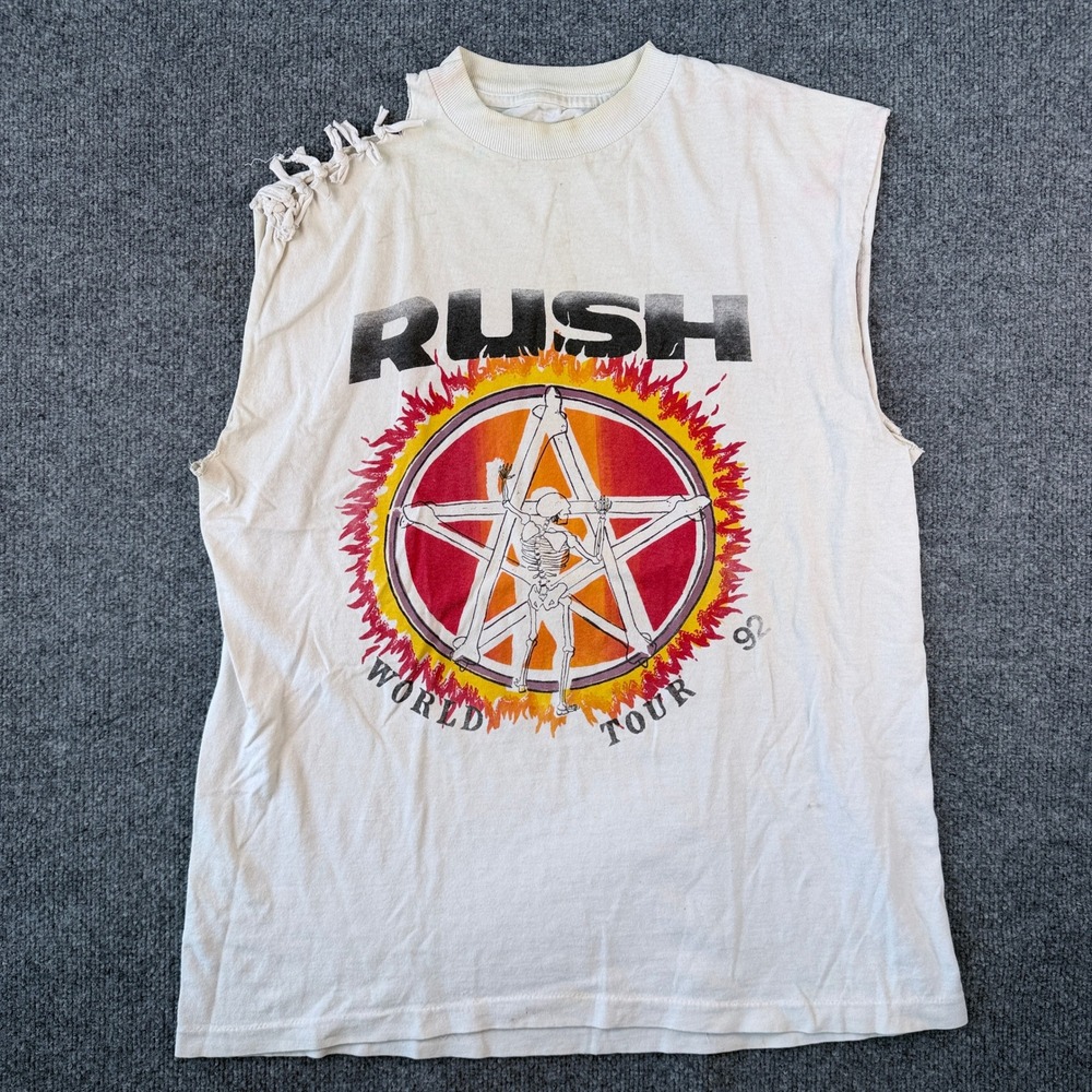 Vintage Rush T Shirt Mens L White Roll the Bones Cutoff Concert Tour 1992 USA